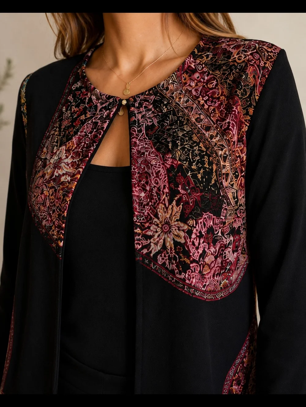MSK Black Jacket with Burgundy and Pink Floral Panels
